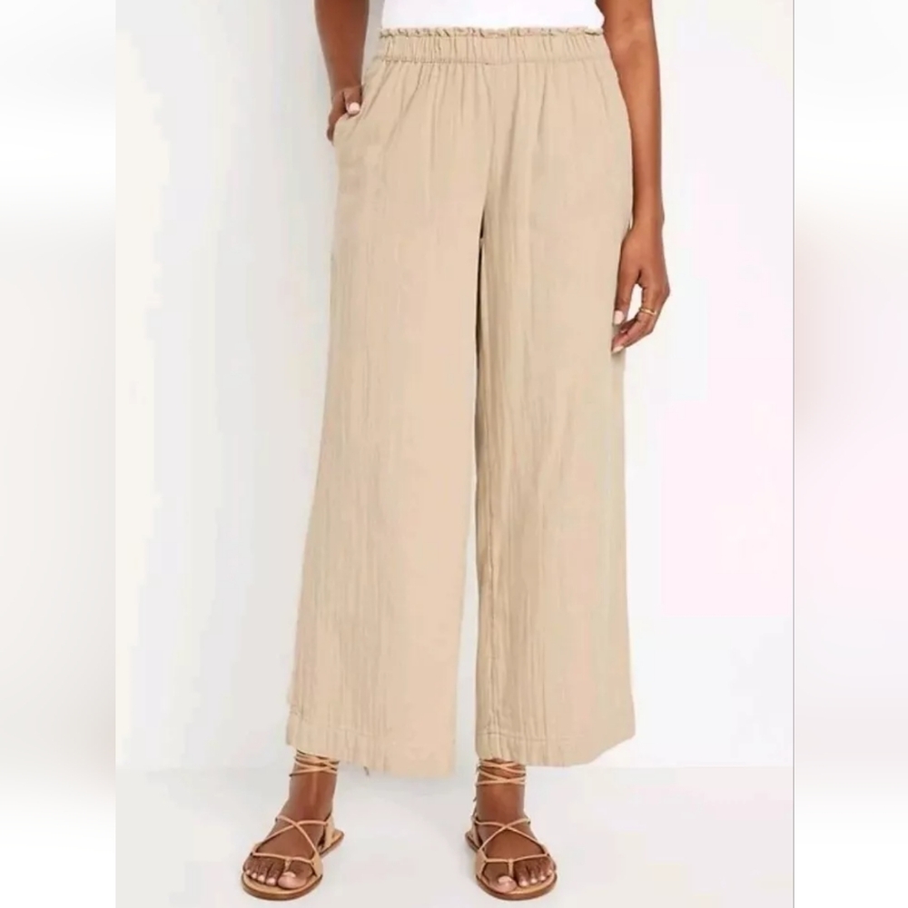 Old Navy Gauzy Wide Leg Pants Woman XXL High Rise Ankle Beige Minimalist Coastal